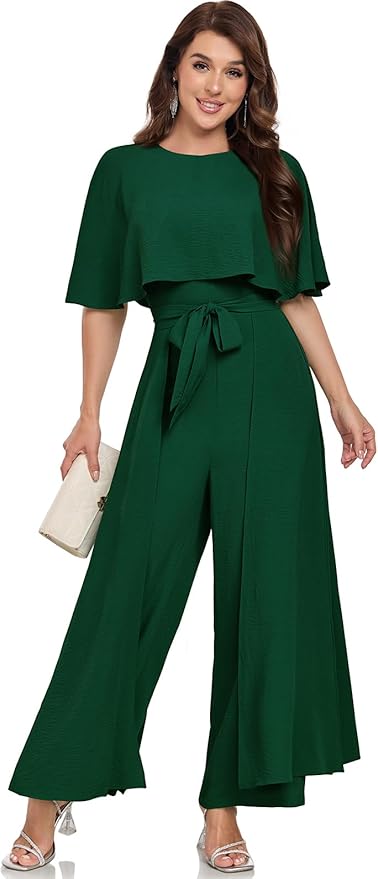 DGHBVS Jumpsuits for Women Dressy Casual One-Piece Outfits Elegant Formal Cape Belted Wide Leg Rompers Evening Pantsuits