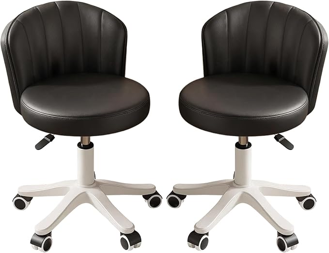 Small Round Rolling Desk Chair Armless Comfy Vanity Computer Chair with Low Backrest PU Leather Height Adjustable Swivel Work Spa Chair