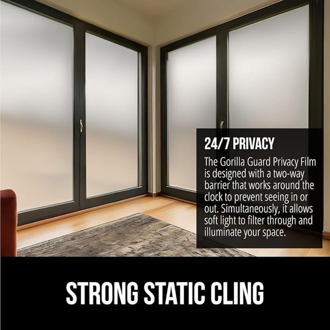 Gorilla Guard Window Privacy Film, Removable Two Way Sun Blocking, 23.6 x 78.7 Inch, Reusable No Residue Stickers, Strong Static Clings to Glass Windows, Decorative Bathroom Door Coverings, White