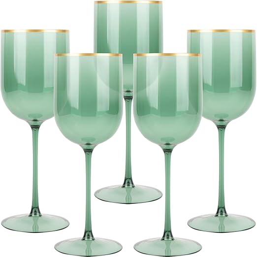 Blue Sky Green Plastic Wine Glasses With Gold Rim - 12oz (5-Pack) Reusable, Disposable Cups for Parties and Events