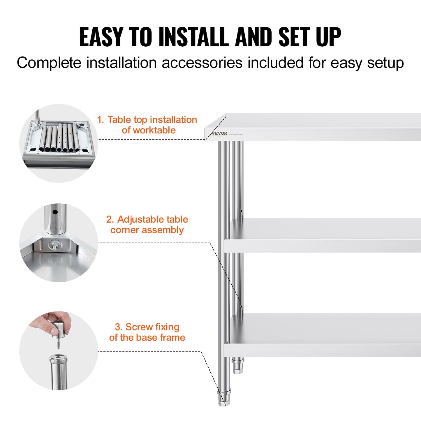 VEVOR Stainless Steel Food Prep Table, 14 x 48 x 34 Inch Commercial Kitchen Worktable, with 2 Adjustable Undershelf, Heavy Duty Prep Metal Work Tables for BBQ, Kitchen, Home, and Garage