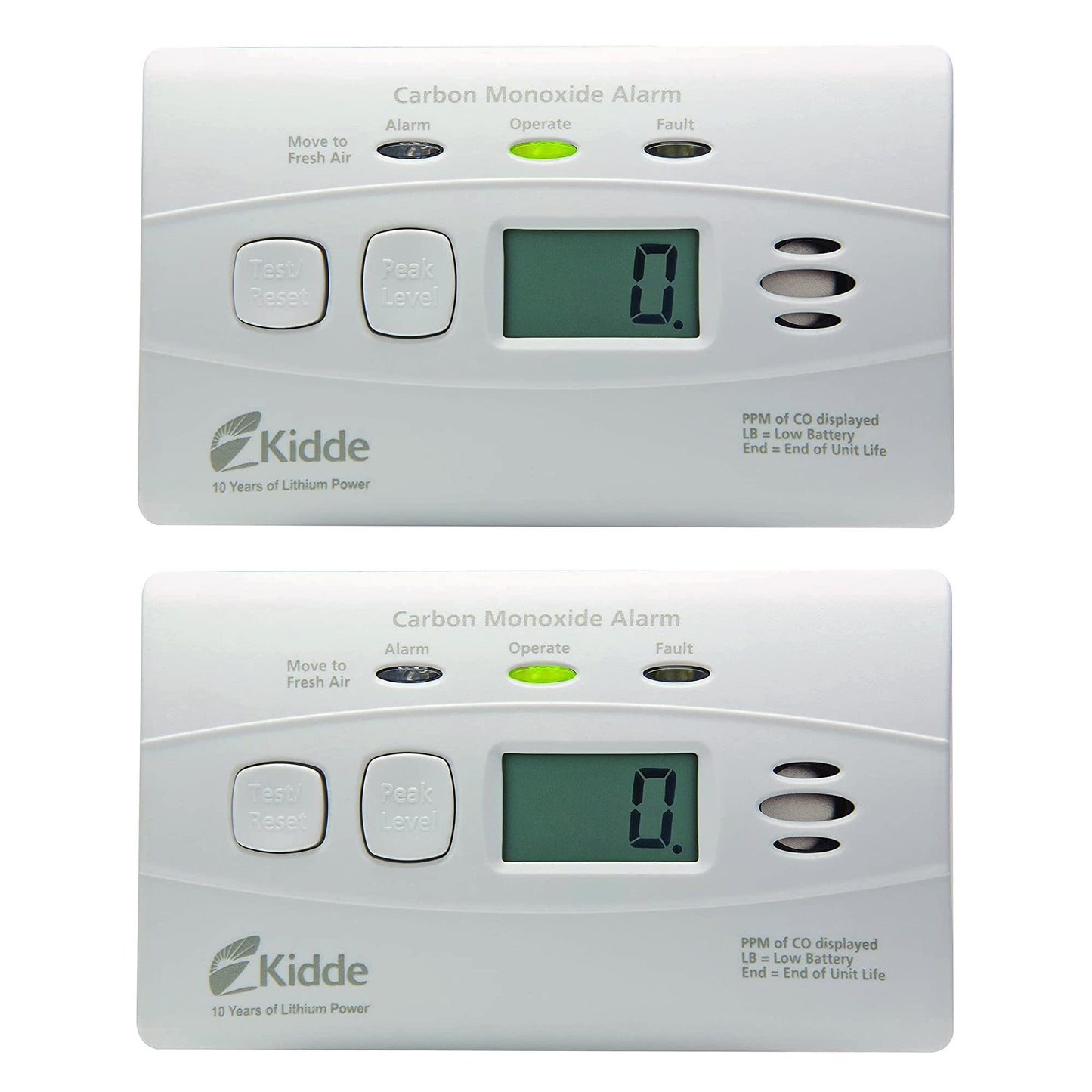 Kidde Carbon Monoxide Detector with 10-Year Battery, Digital Display, 3 LEDs, Replacement Indicator, Peak Level Memory, 2 Pack