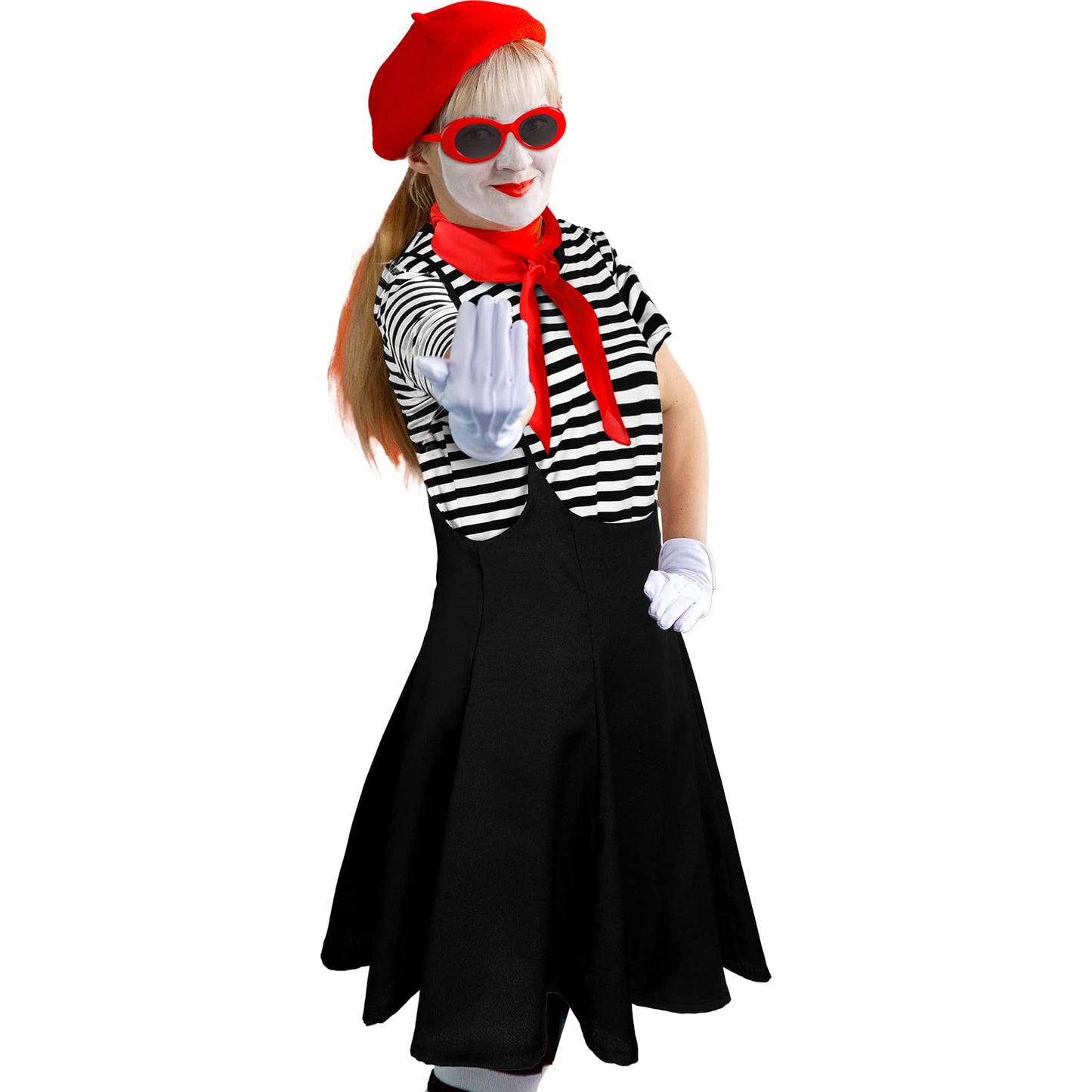 Tisancy 6 Pcs Halloween French Artist Costume Women Outfit Dress, Striped T Shirt, Gloves, Beret, Scarf, Sunglasses(Red Beret,X-Large)