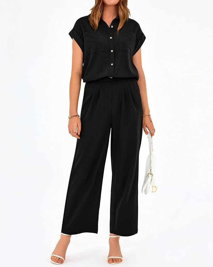 PRETTYGARDEN Womens 2 Piece sets Summer Cap Sleeve Tops Palazzo Pants Dressy Casual Vacation Travel Outfits Tracksuits