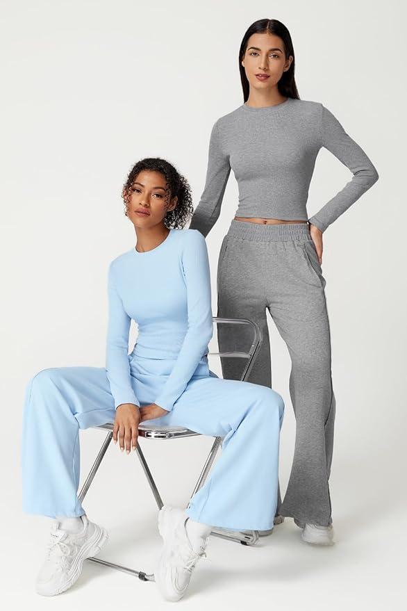 QINSEN Womens 2 Piece Sets Long Sleeve Slim Fit Crop Tops Wide Leg Pants Matching Lounge Set