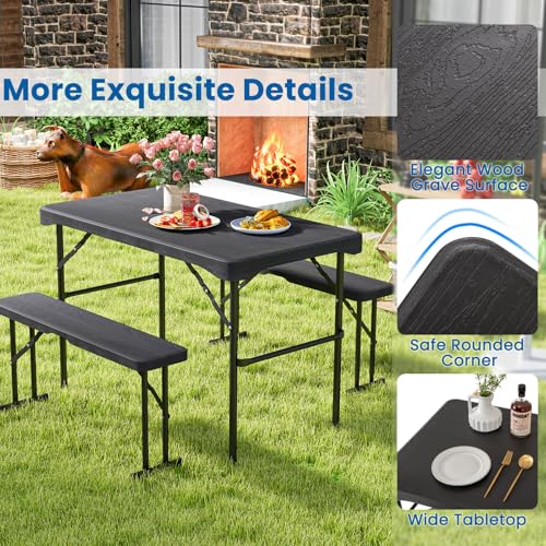 Tangkula Picnic Table with 2 Benches, 3 Piece Folding Picnic Table Set with HDPE Tabletop, Sturdy Metal Frame, 4 Person Pl...