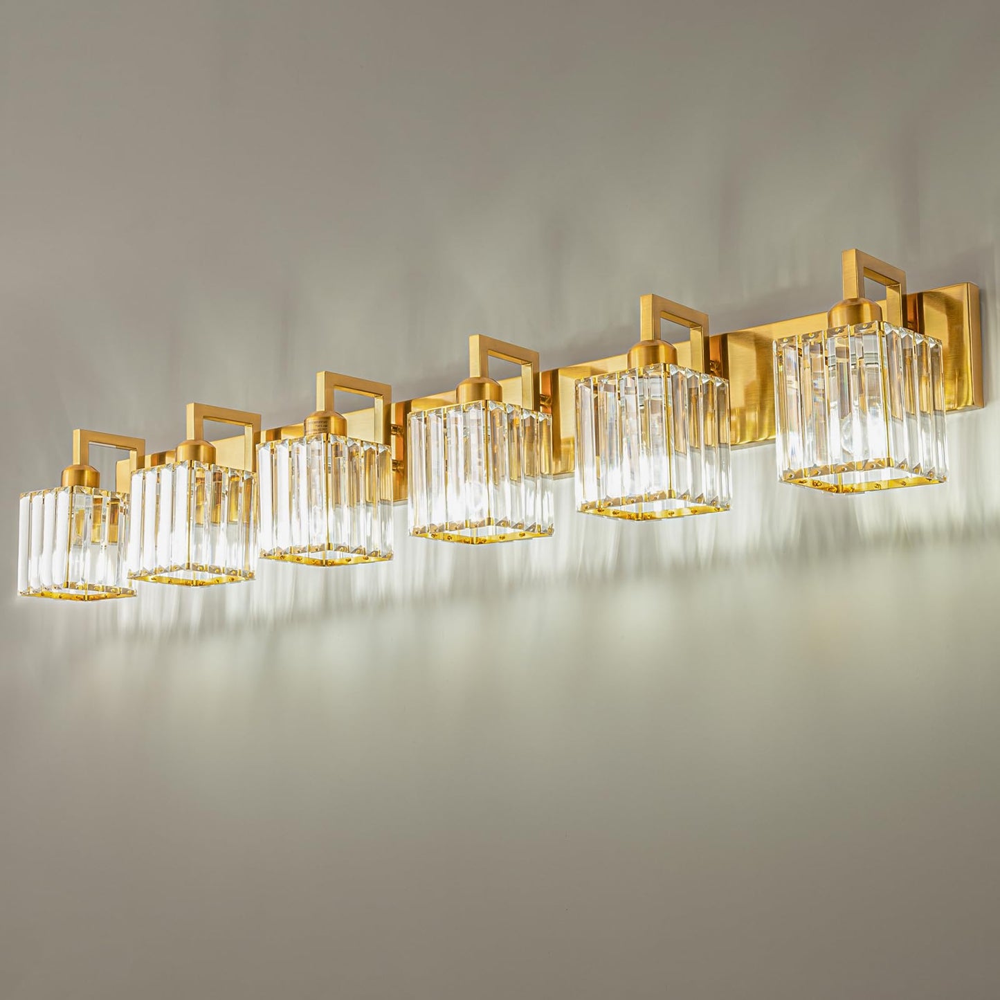 FDPBY Modern Crystal Bathroom Vanity Light - 6-Lights Gold Brushed Brass Finish Wall Lamp