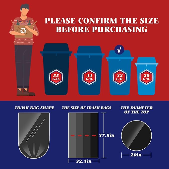 30-33 Gallon 300 Counts Large Trash Bags Black Garbage Bags, Large Trash Can Liners for Home,Kitchen,Office,All Purpose Light Residential or Commercial Waste,Outdoor Lawn and Leaf Bags