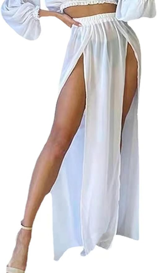 Mluiov Women's Sheer Mesh Chiffon Double Slit Cover Up Skirt Rave Festival Costume Swim Beach Flowy Long Maxi Skirts