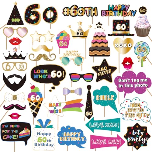 BRT Bearingshui 60th Birthday Party Photo Booth Props Accessories, 60th Happy Birthday Party Decorations Supplies Favors