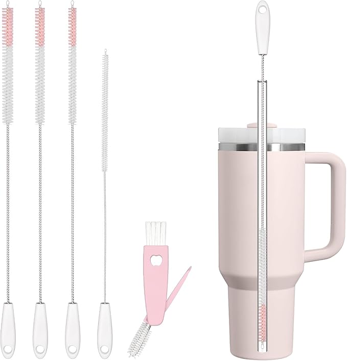 Straw Cleaner Brush Set, 4 Sizes (6/8/10/12mm) & 3-in-1 Lid Brush, 15-inch Extra Long Bristles for Deep Cleaning, Fit for Stanley and Reusable Straws (Pink)