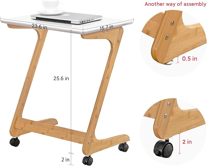 Nnewvante TV Tray, Sofa Side End Laptop Table with Wheels, Desk Snack Tray for Small Spaces Living Room and Bedroom, 23.5 Inch x 15.8 Inch (Standard with 360° Casters, Bamboo/White)