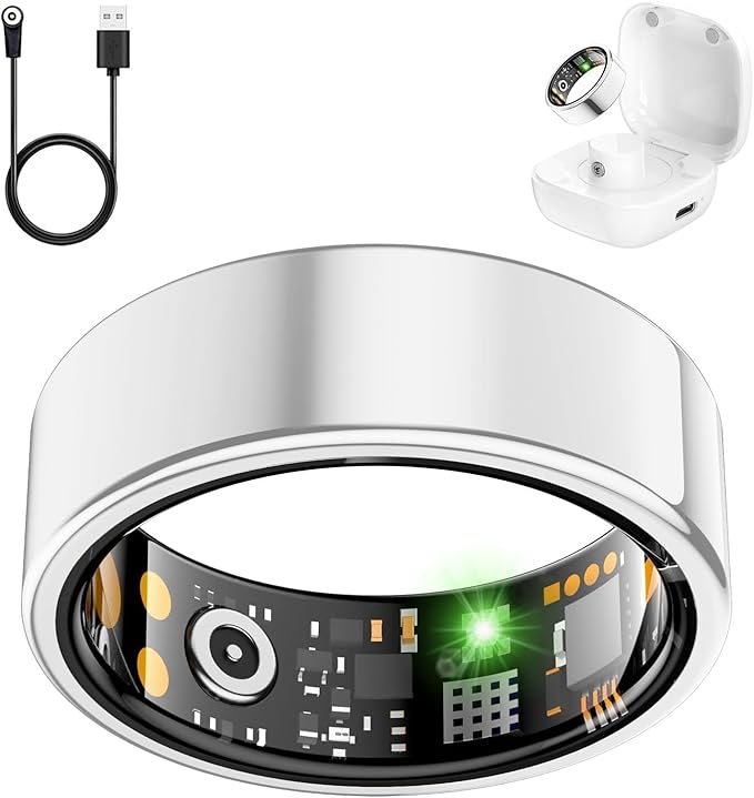 Smart Health Ring for Women Men, Fitness Tracker Ring with Heart Rate, Blood Oxygen, Sleep Tracker, Step Tracker, No Subscription Fee, IP68 Waterproof Smart Ring for iphone & Android (Silver, 7#)