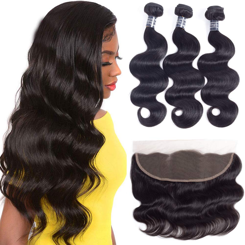 Amella Hair Brazilian Virgin Hair Body Wave 3 Bundles with Lace Frontal Closure (18 20 22 +18 Frontal)13x4 Ear to Ear 8A Grade U