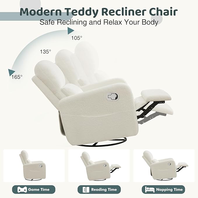 AEMEIOS Swivel Rocker Recliner, Oversized Boucle Glider Recliner Nursery, Manual Swivel Rocking Reclining Chairs with Removable Cushion and Lumbar Support for Nursery Living Room Bedroom, Teddy White