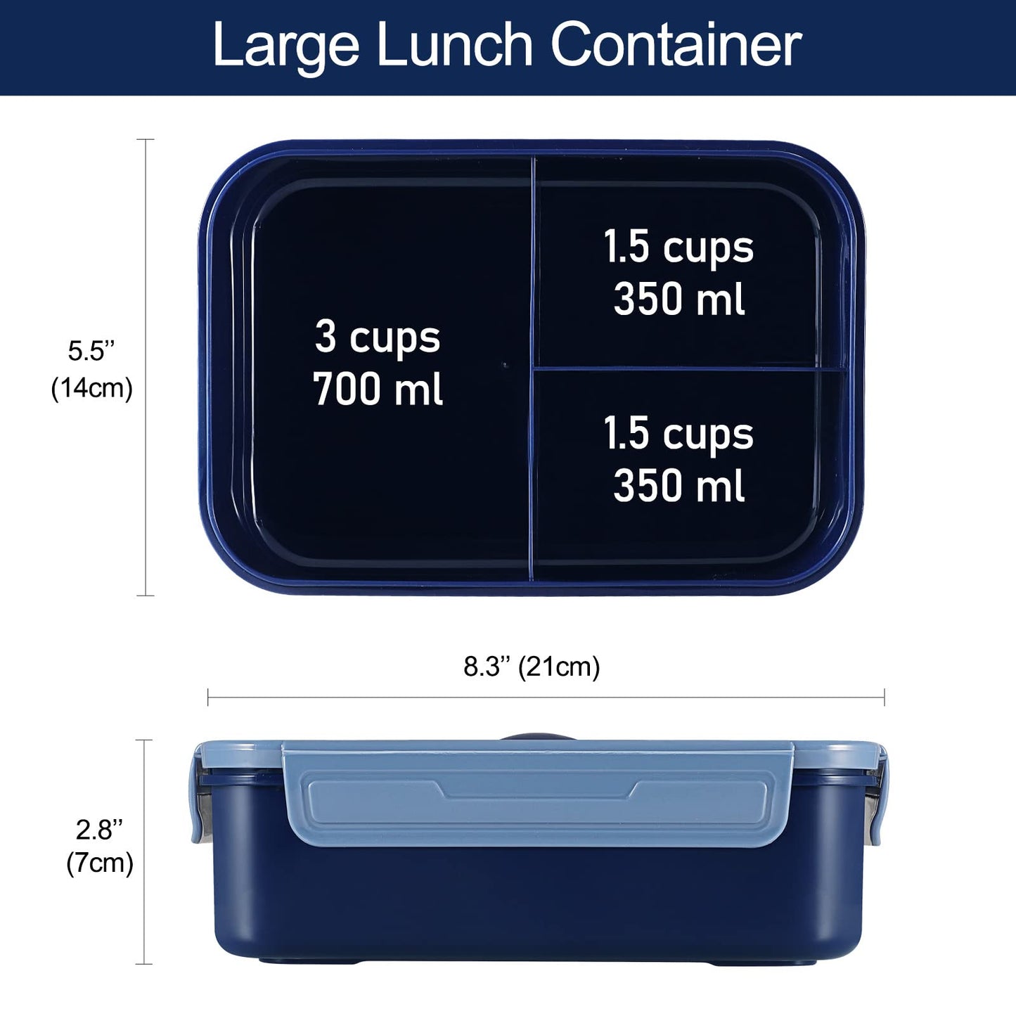 Caperci Classic Bento Box Adult Lunch Box for Older Kids - Leakpoof 47 oz 3-Compartment Containers for Adults and Teens, Built-in Utensil Set, Ideal for On-the-Go Balanced Eating, Navy Blue