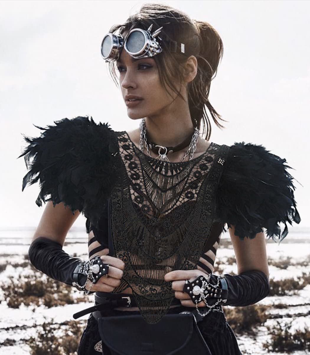 L'VOW Natural Real Feather Steampunk Lace Epaulet Shoulder Wings Gothic Halloween Costumes for Women and Men(Black)