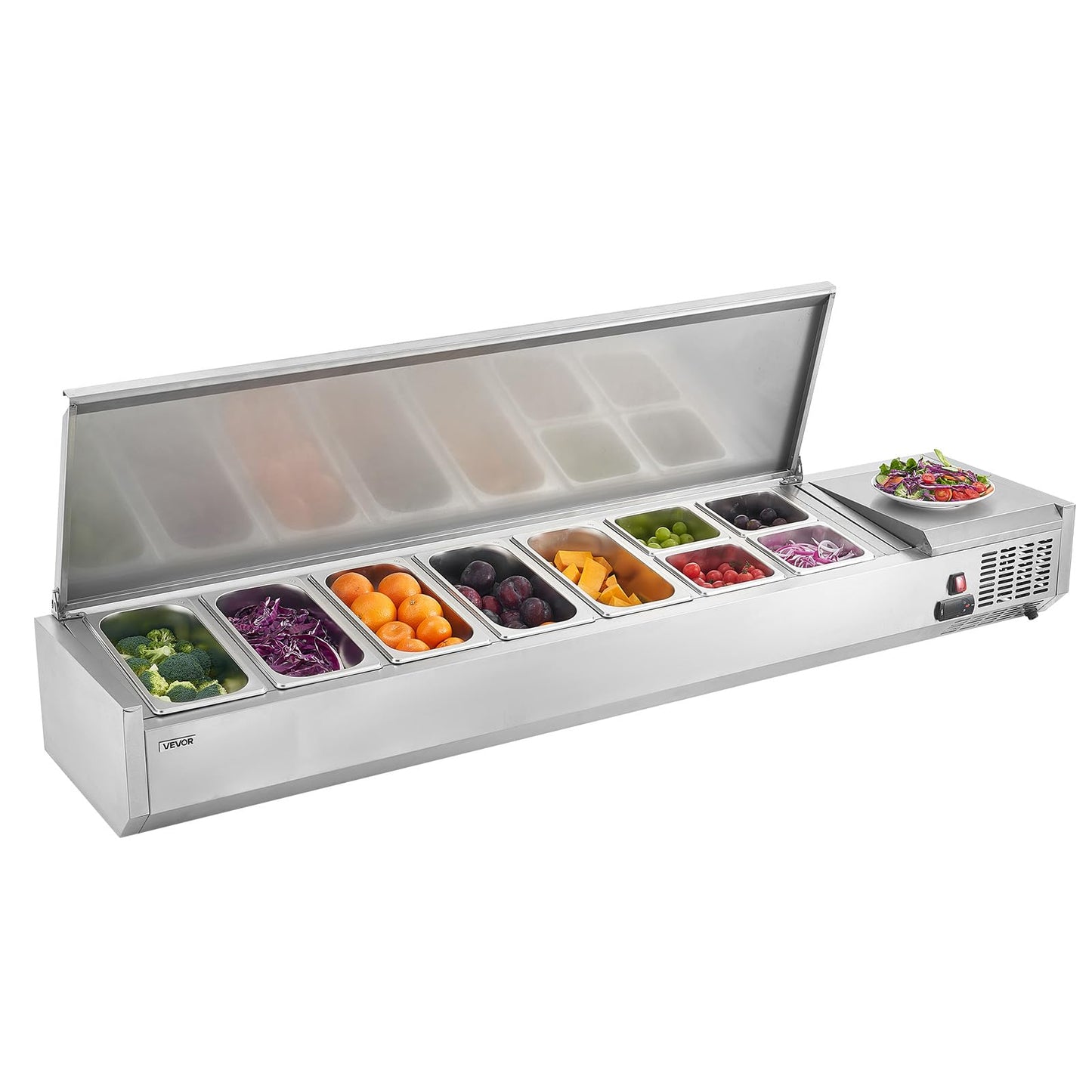 VEVOR Refrigerated Condiment Prep Station, 140 W Countertop Refrigerated Condiment Station, with Five 1/3 Pans & Four 1/6 Pans, 304 Stainless Body and PC Lid, Sandwich Prep Table with Stainless Guard