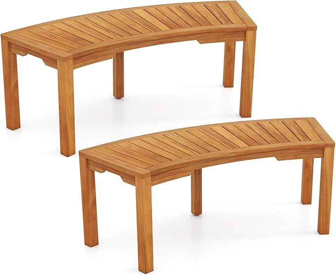 Tangkula Outdoor Curved Bench, Acacia Wood Fire Pit Bench w/Slatted Seat, Patio Backless 2-Person Seating for Porch, Yard, Garden, 800 LBS Max Load, Oil Painted (2, 45")