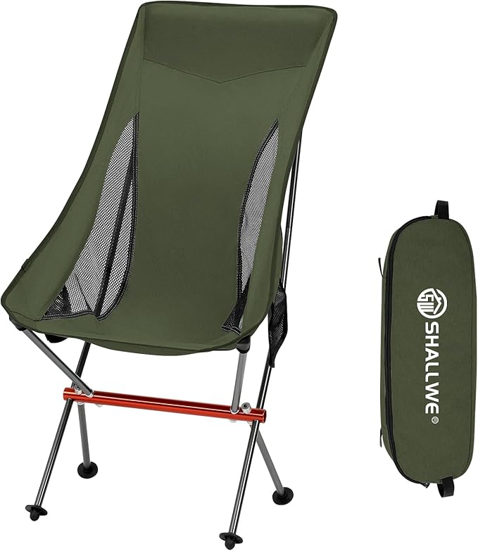 SHALLWE Camping Chairs, All Aluminum Frame Portable Folding Camp Chair for Adults, Heavy Duty High Back Collapsible with B...