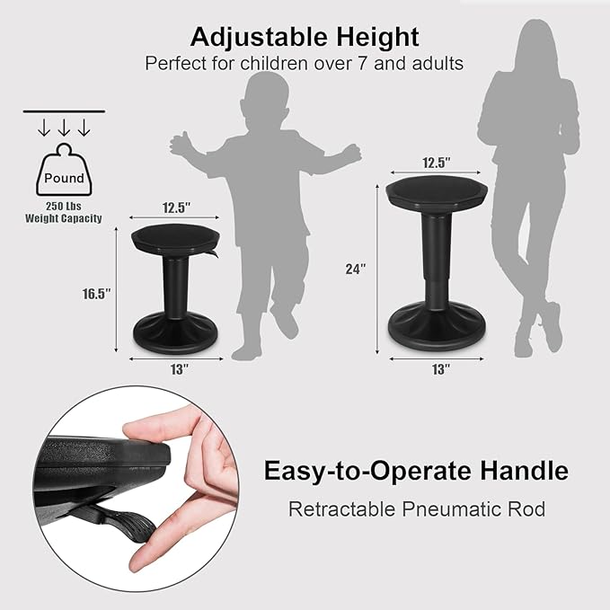 Giantex Wobble Stools for Classroom Seating, Wiggle Stool with Adjustable Height, 24 Inch Active Learning Stool, Sitting Balance Chair for School, Office Stand Up, Flexible Seating Wobble Chair(Black)