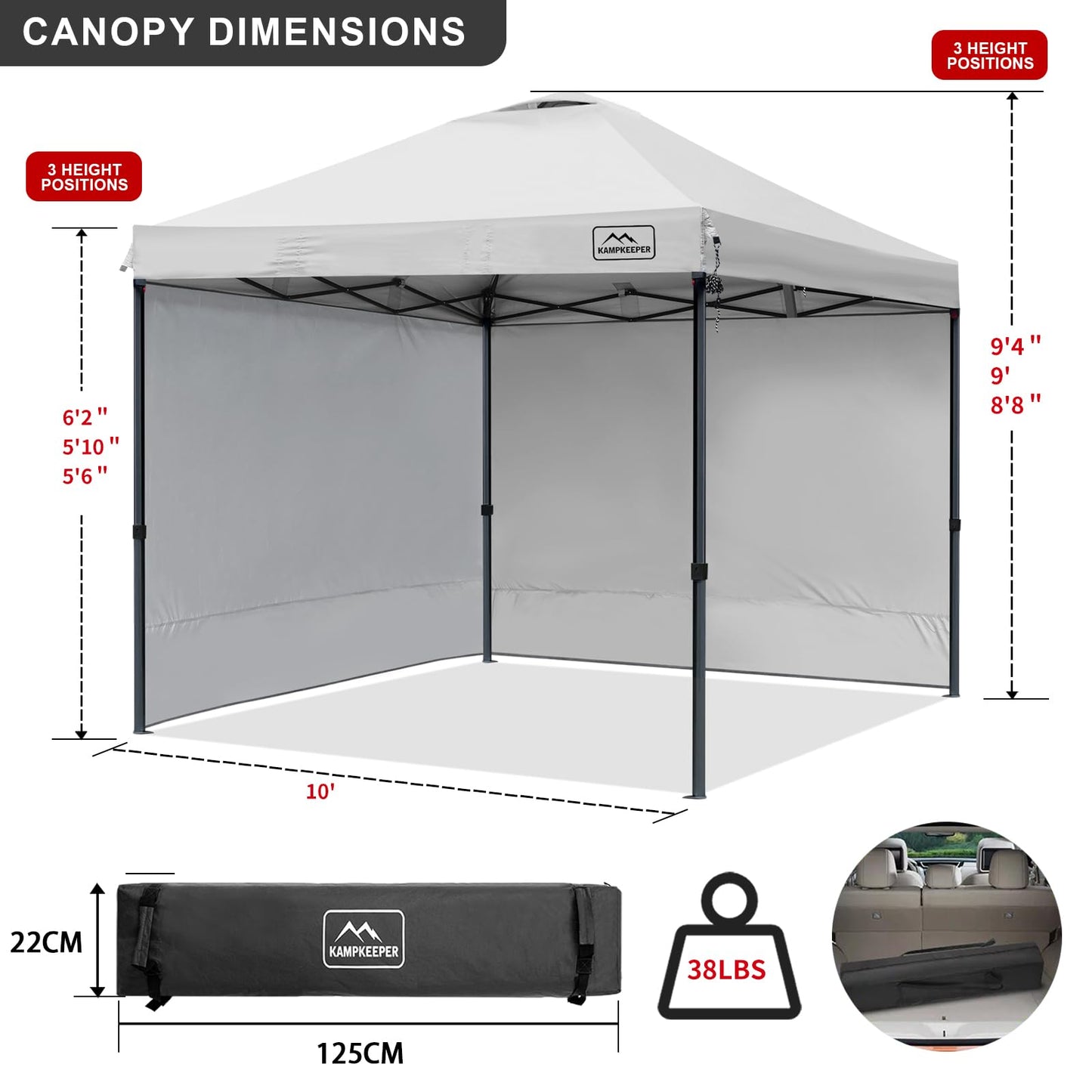 KAMPKEEPER 10x10 Pop Up Canopy Tent with 2 Sidewalls, Beach Tent - Easy Outdoor Sun Shade for Events, Parties, Camping - Gazebo with 4 Weight Bags & Carry Bag.（White）