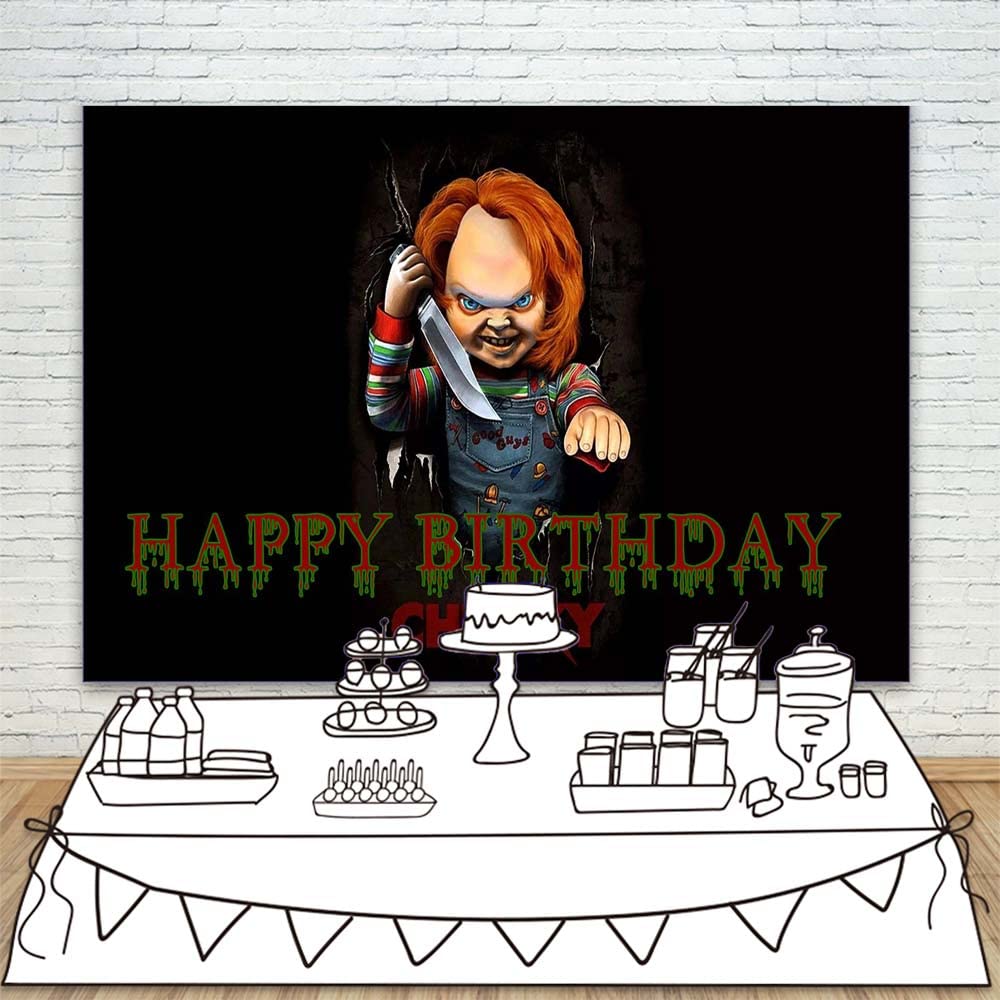 Moonlight Studio Happy Birthday Horror Movie Theme Banner 5x3ft Black Chucky Baby Shower Decorations Background for Party Supplies Vinyl Chucky Backdrop for Birthday