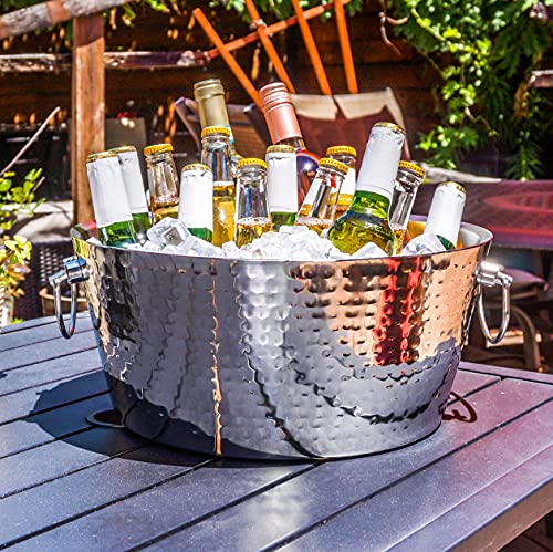 BREKX Hammered Stainless-Steel Beverage Tub, Double-Walled Insulated Anchored Drink Tub & Ice Bucket with Double Hinged Ha...