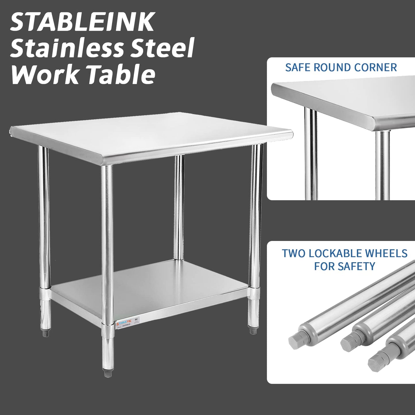 STABLEINK NSF Stainless Steel Table, 24 x 36 Inches Metal Prep & Work Table with Adjustable Undershelf, for Commercial Kitchen, Restaurant, Hotel and Garage，Stainless Steel prep Table Work Table