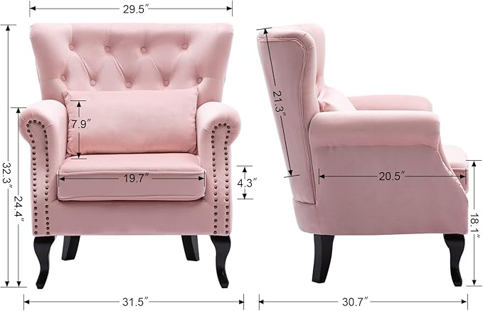 chairus Mid-Century Modern Accent Chairs Set of 2, Comfy Tufted Single Sofa Chair Wingback Armchair with Pillow for Club, Living Room, Bedroom - Velvet, Pink