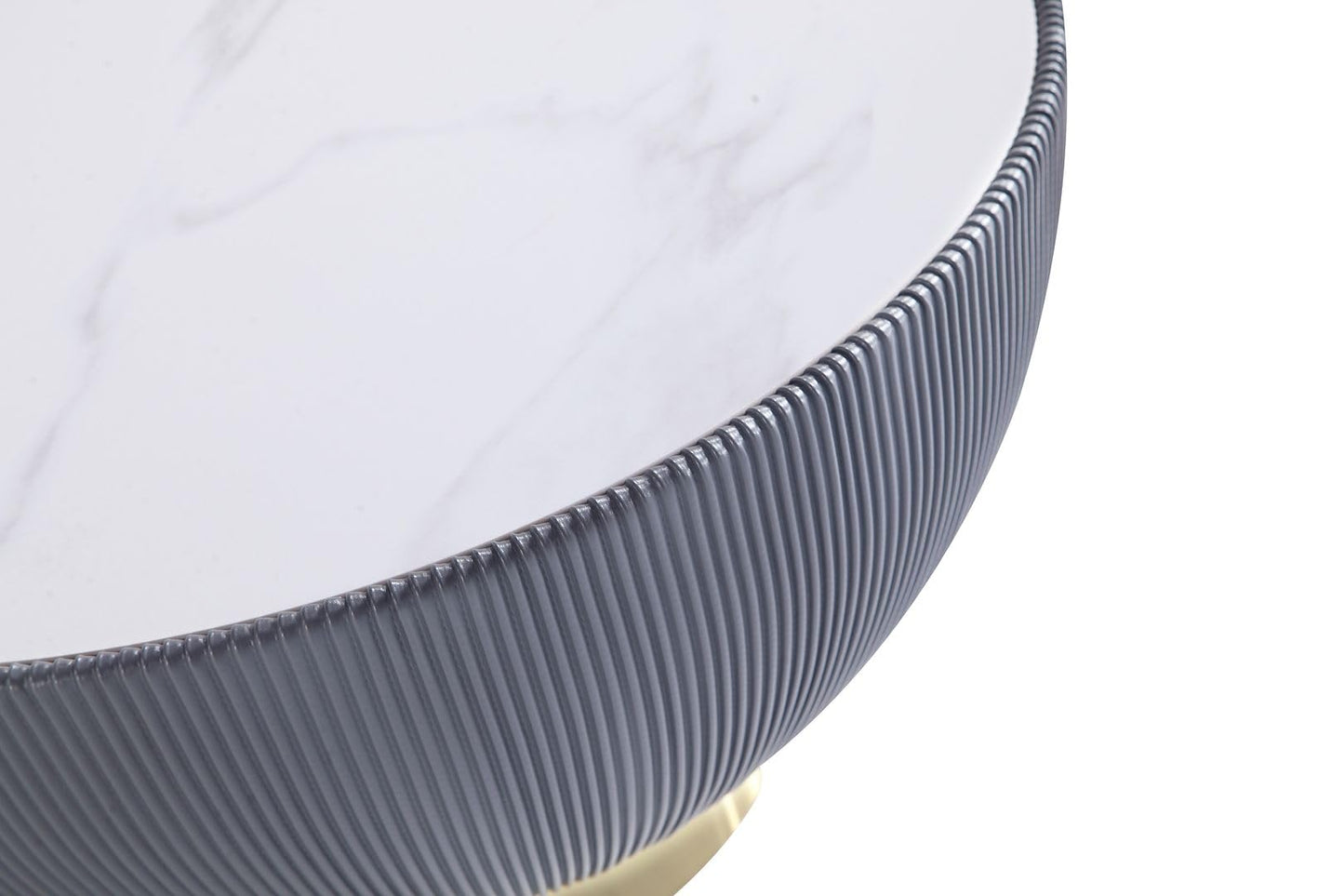 Manhattan Comfort Anderson Modern Low-Profile Round Coffee Table – Ceramic Marble Tabletop, Pleated Leatherette Detail, Gold Base, Fully Assembled Accent Table, Set of 1, Grey