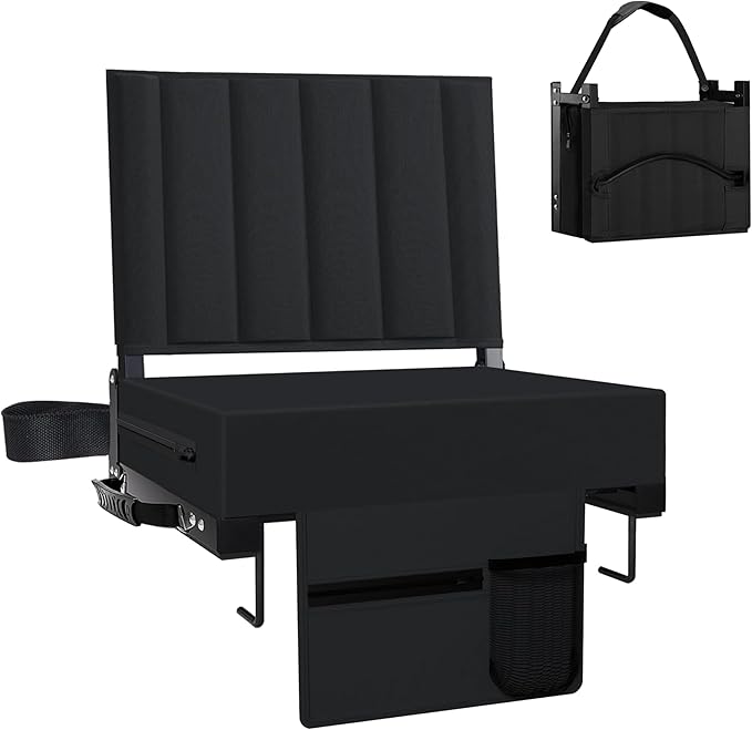 Aliphon Stadium Seat for Bleachers with Back Support and Cushion, Bleacher Seats with Shoulder Strap and Cup Holder, Padded Portable Folding Comfort Stadium Chair, for Sports Events, Black (1pcs)