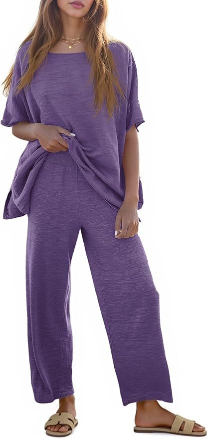 Tankaneo Women's 2 Piece Travel Outfits Casual Short Sleeve Knit Sweater Set Wide Leg Pants Lounge Sets Tracksuit