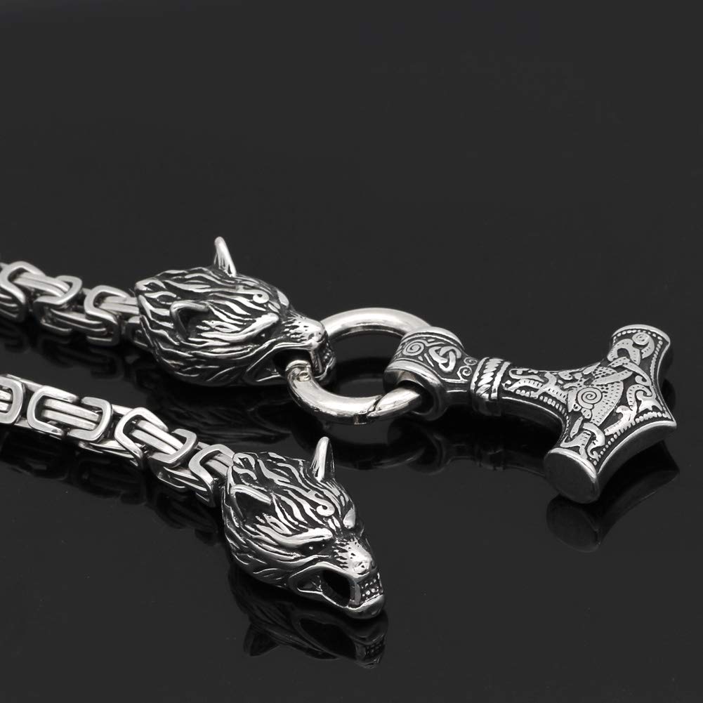 GuoShuang Men Stainless Steel Wolf Head Norse Viking Amulet Thor Mjolnir Necklace King Chain with Valknut Gift Bag (28 INCH)