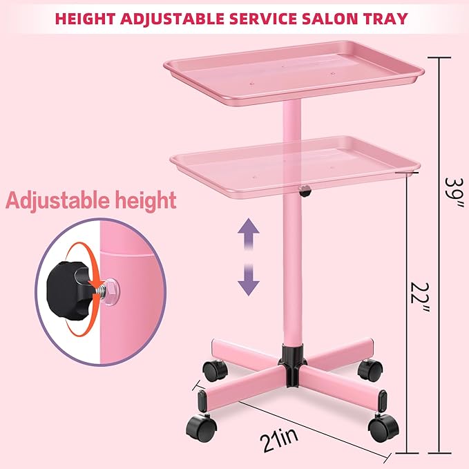 Salon Tray on Wheels,Height Adjustable Hairstylist Rolling Tray Cart,Color Trays for Salon or Home Use,Pink