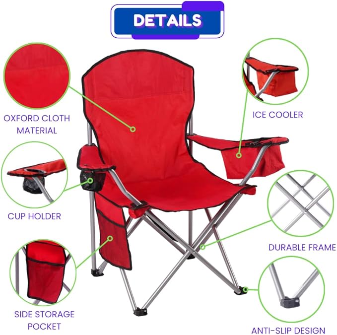 EZONE 2-Pack Camping Chairs with Built-in Ice Cooler, Portable Chair, Storage Pocket, Cup Holder, and Carry Bag Perfect for Camping, Tailgating, Fishing, Beach, and Lawn (2, Red)