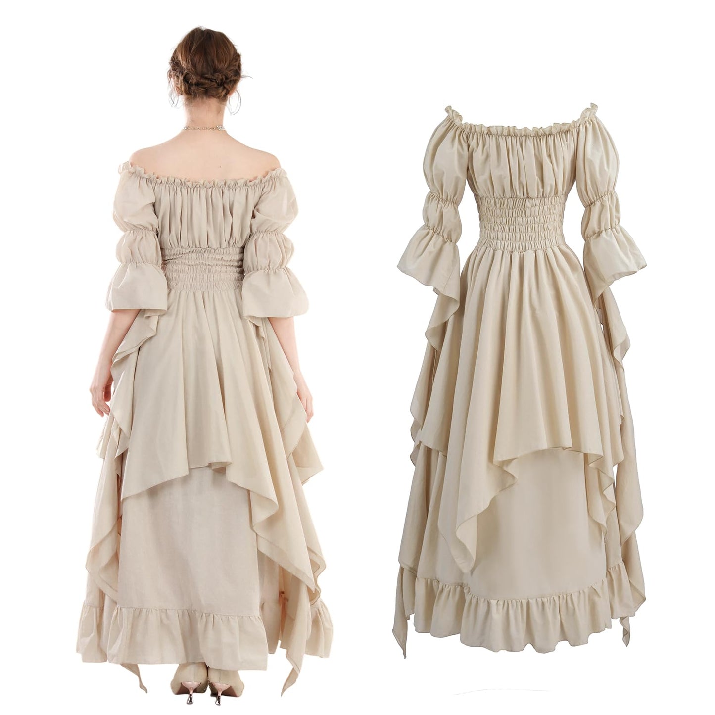 NSPSTT Victorian Dress Renaissance Costume Women Gothic Witch Dress Medieval Wedding Dress Beige S/M