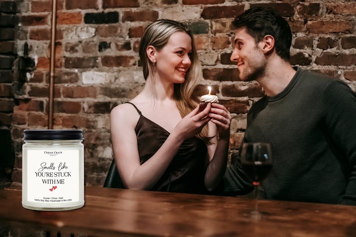 Cedar Crate Market - Anniversary Candle - Smells Like You're Stuck with Me Romantic Wedding Anniversary Present for Men, Women, Couples, Wife, Husband, Him & Her, Soy Wax Scented Candle