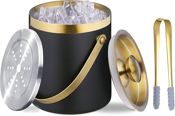Sipoyen Insulated Ice Bucket with Lid, Handle and Tong Black Gold Stainless Steel Champagne Bucket for Party 3L Bar Cart A...