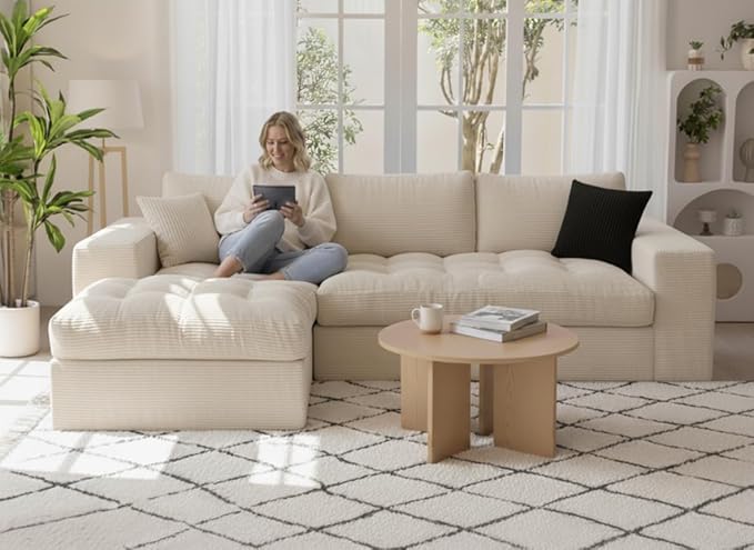 NAYA 106” Modular Sectional Sofa, Cloud Sectional Couch with Deep Seat, Modern Modular L-Shape Sofa Boneless Couch with Chaise for Living Room Bedroom (Beige, Cloudy Sofa with Left Facing Chaise)