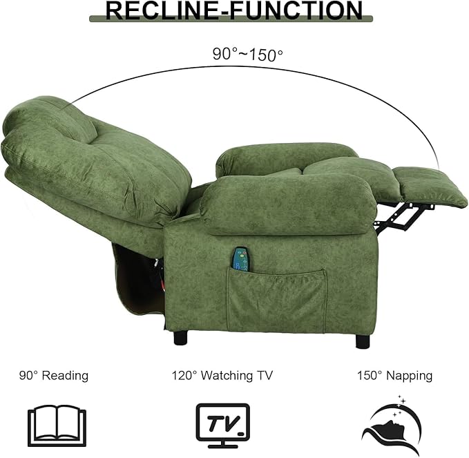 Pushback Massage Recliner Chair with Heat, Fabric Heated Massaging Reclining Chair Single Sofa for Adults, Mid Century Small Push Back Manual Recliner for Living Room,Green