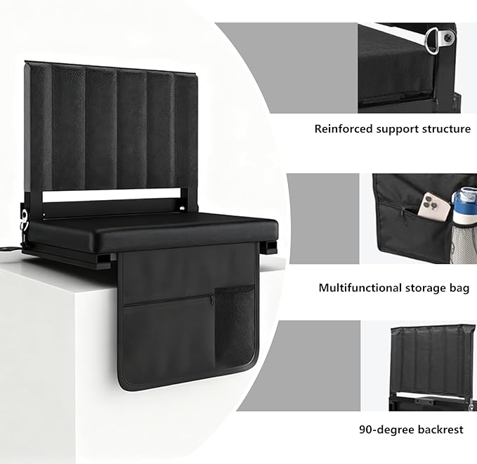 CHIQUERID Portable Stadium Seat with Back Support, Folding Bleacher Chair with Cushion, Cup Holders, Storage Pockets & Shoulder Strap – Ideal for Sports Events, Camping & Picnics (Black)