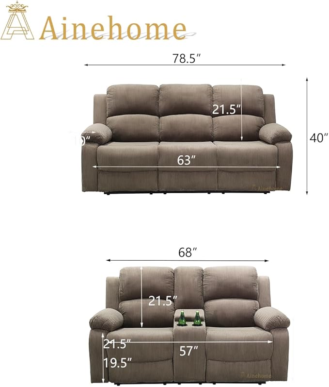 A Ainehome 2 Pieces Living Room Furniture Sets with Storage, Corduroy Sofa Sets Manual Recliner Sofa Set, Reclining Couches and Loveseat Furniture Set for Living Room/Rv/House/Office, Taupe