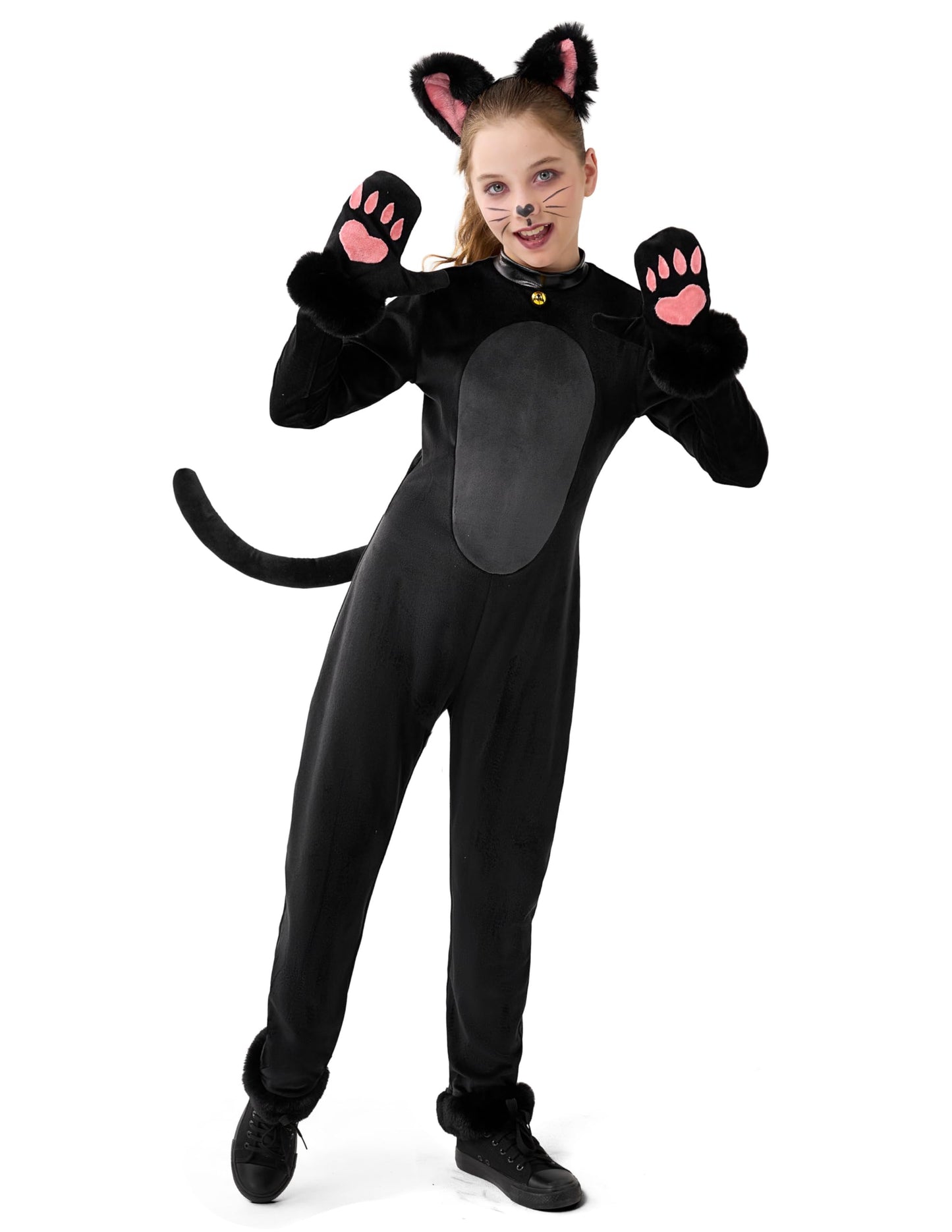Spooktacular Creations Girls Cat Costume, Black Cat Plush Costume, Child Outfit Set with Tail Headband Gloves for Kids Halloween Role Play Themed Parties, M