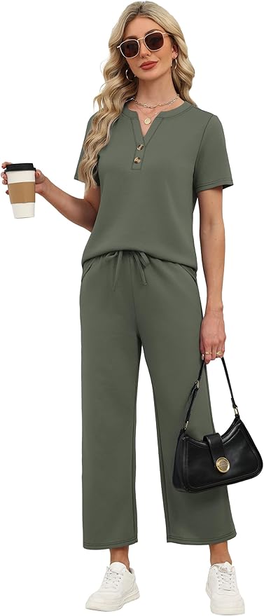 OFEEFAN 2 Piece Sets for Women Spring Fashion Beach Vacation Cruise Outfit Dressy Casual Wide Leg Crop Pants Resort Wear