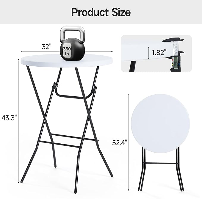 Winlice 32'' Round Folding Table, HDPE Portable Bar Height Table with Removable Legs for Indoor Outdoor Wedding Event, Gathering, Parties, Commercial Events, White