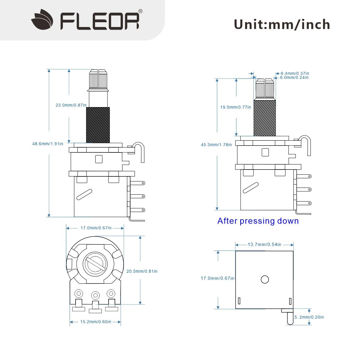 Fleor 2Pcs A500K Push Push Guitar Pots Audio Taper Potentiometers Long Copper Split Shaft