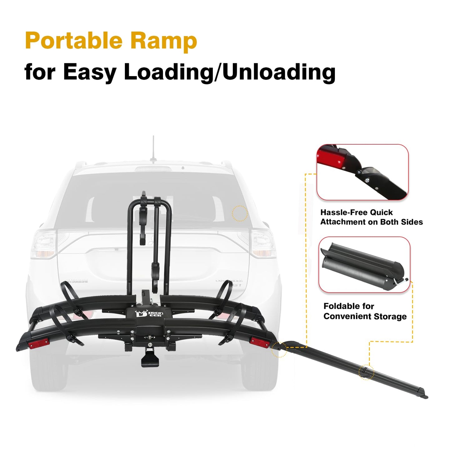Iron Pro 200lbs EBike Rack with Ramp for 2 E-Bikes, Hitch Bike Rack for Cars SUVs Trucks, Foldable Tilting Bike Rack Platform for Tow Hitch with 2" Receiver, E-Bike Carrier Fits up to 5" Fat Tire