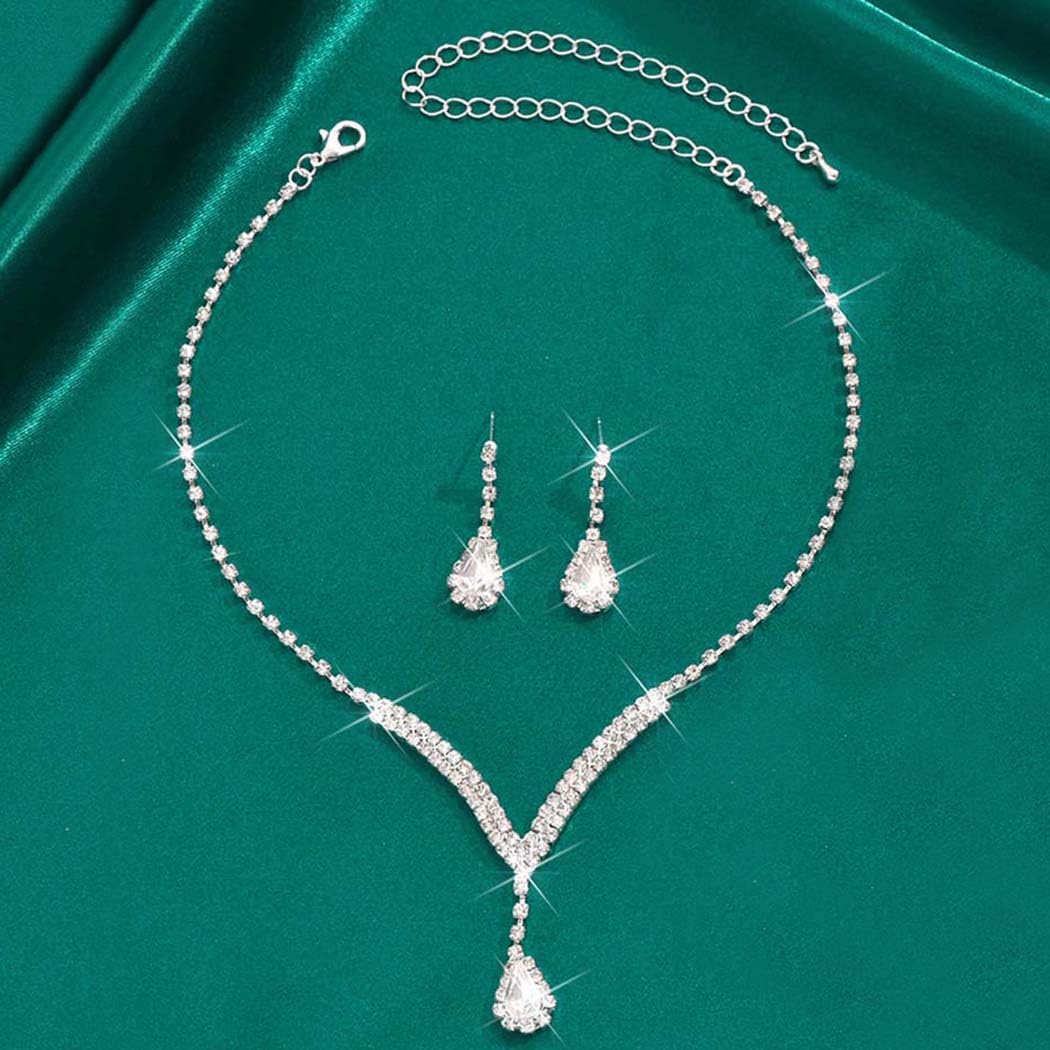 Unicra Bridal Wedding Jewelry Set Silver Rhinestone Necklace Earrings Sets Formal Costume Jewelry for Women and Brides (A-Silver