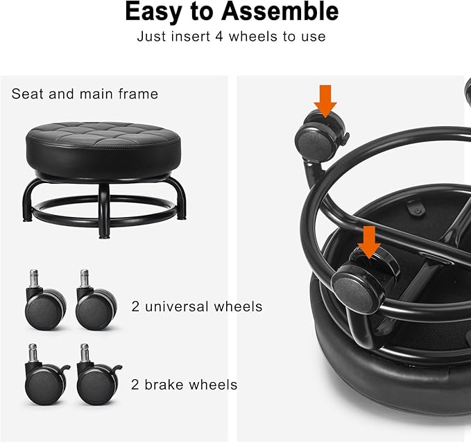 LWADALN Low Roller Seat Low Height Rolling Stool PU Leather Rolling Stool, Modern Rolling Chair for Home Office Garage Shop